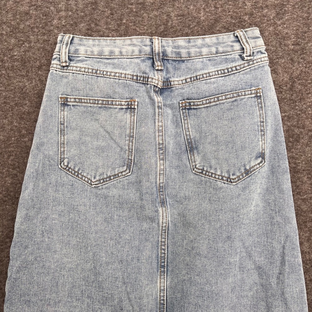 Shein Light Wash Denim Maxi Skirt High Waisted Side Slit Raw Hem Blue Size L - Picture 7 of 12